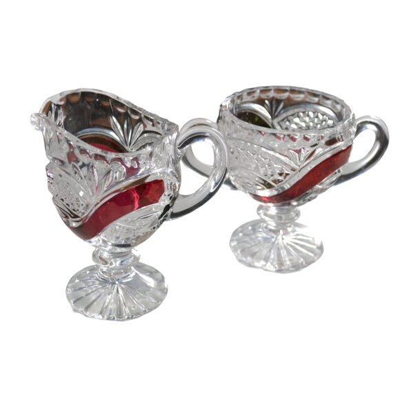 Vintage Clear Glass With Red Flash Sugar Bowl And Creamer Engravable Tableware - Picture 1 of 8